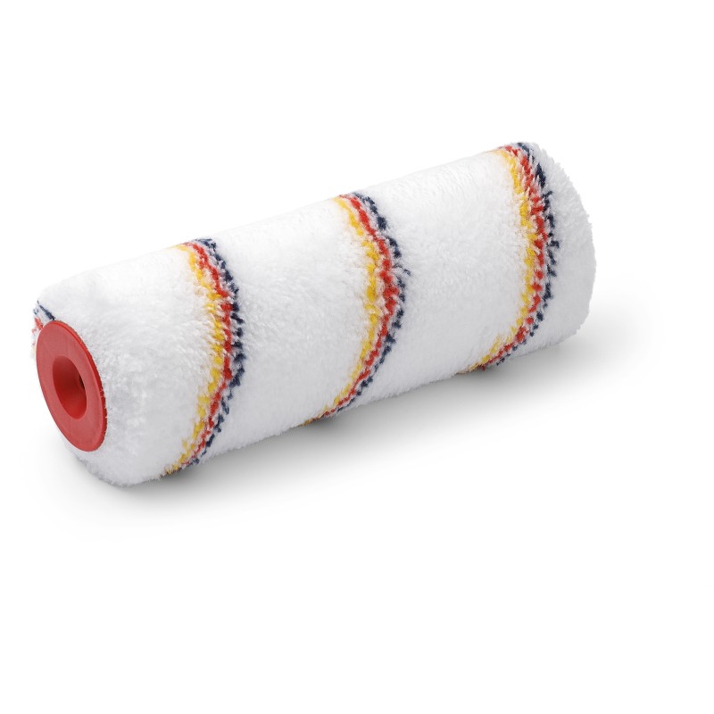 25 cm lange Farbwalze in weiss mit rundum gelb-rot-blauen feinen Streifen und rotem Kern