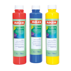 3 Flaschen Adler Aviva Colorit Abtön- bzw. Volltonfarbe, Symbolbild in Farbe rot, blau, gelb