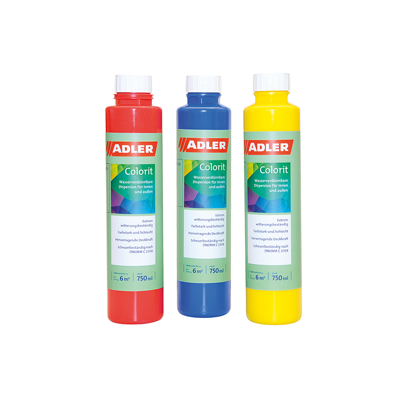 3 Flaschen Adler Aviva Colorit Abtön- bzw. Volltonfarbe, Symbolbild in Farbe rot, blau, gelb