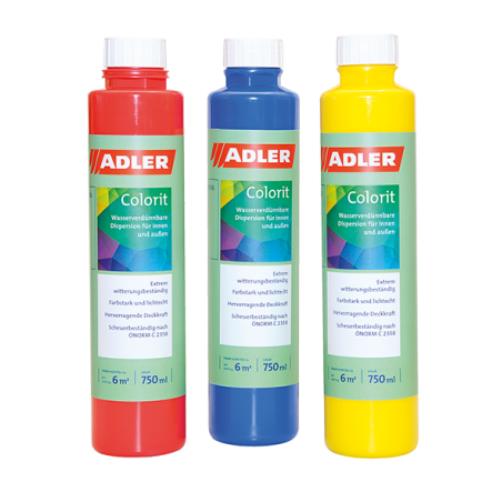 3 Flaschen Adler Aviva Colorit Abtön- bzw. Volltonfarbe, Symbolbild in Farbe rot, blau, gelb