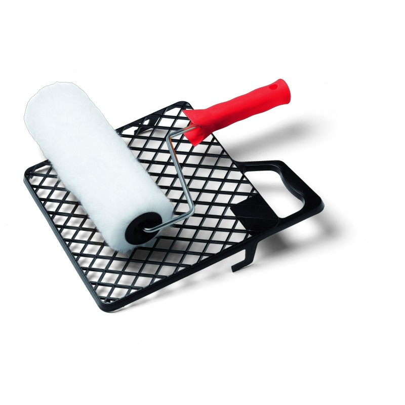 Farbroller mit weissem Flor, Bügel mit rotem Plastik-Griff, inkl. schwarzem Abstreifgitter