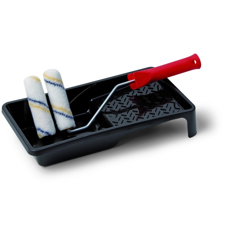 2 Heizkörperwalzen mit einem Bügel (roter Griff) in einer schwarzen Farbwanne